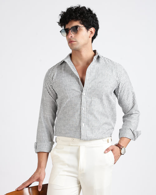 Tailored Fit Striped Linen Shirt - Green