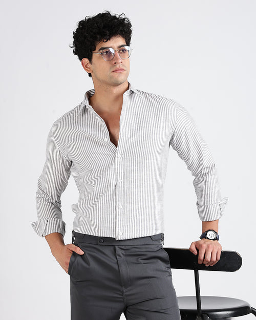 Tailored Fit Striped Linen Shirt - Light grey