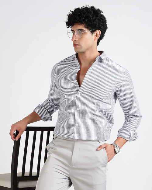 Tailored Fit Striped Linen Shirt - Dark Blue