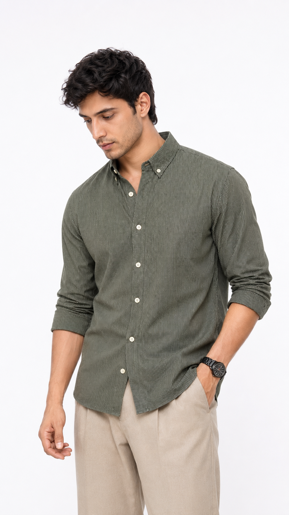 Tailored Dot Striped Linen Shirt - Green