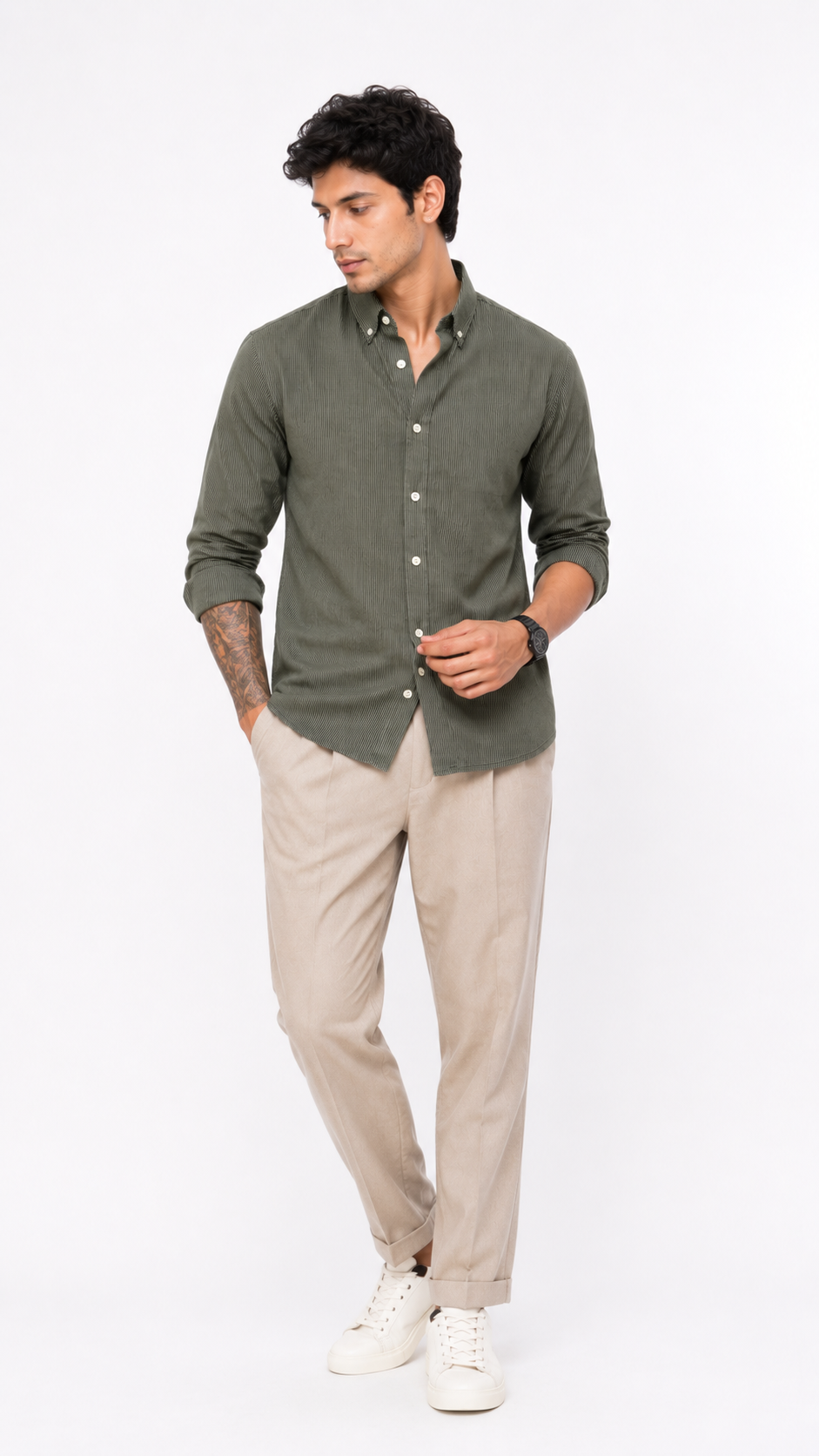 Tailored Dot Striped Linen Shirt - Green