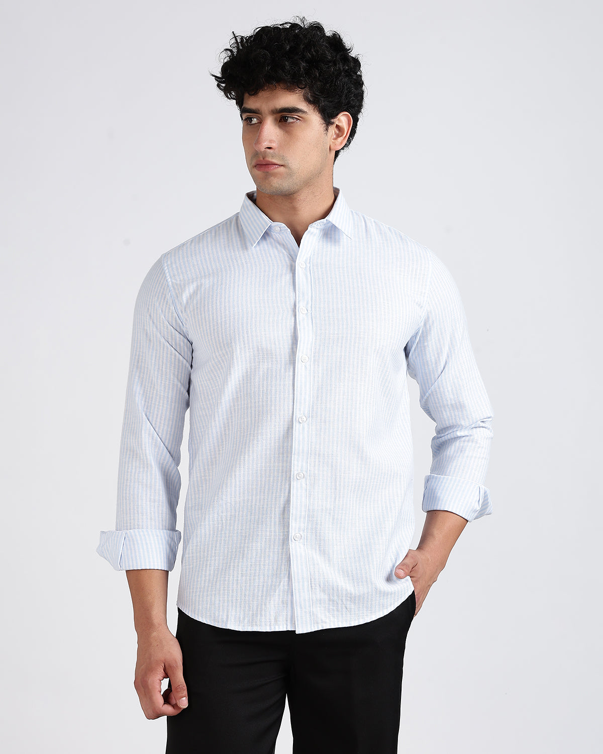 Tailored Fit Striped Linen Shirt - Light Blue
