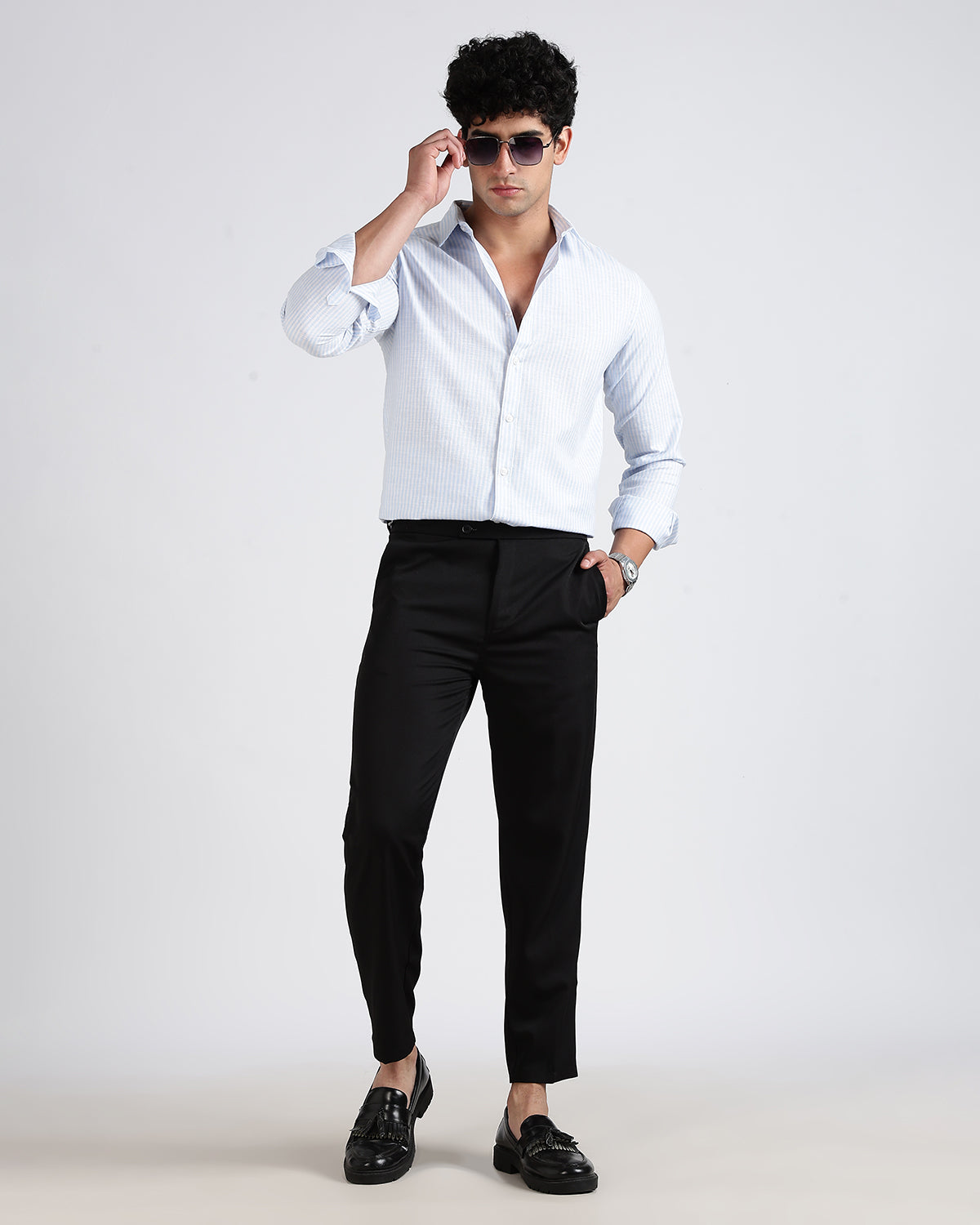 Tailored Fit Striped Linen Shirt - Light Blue