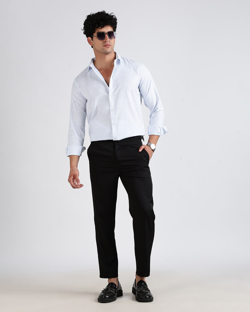 Tailored Fit Striped Linen Shirt - Light Blue