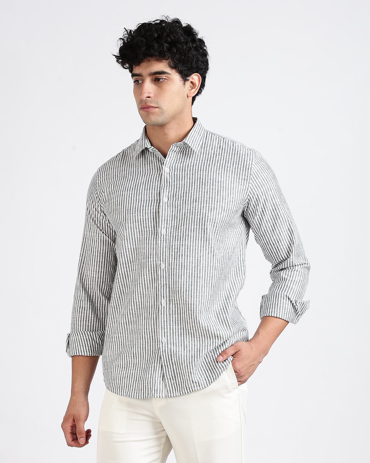 Tailored Fit Striped Linen Shirt - Green