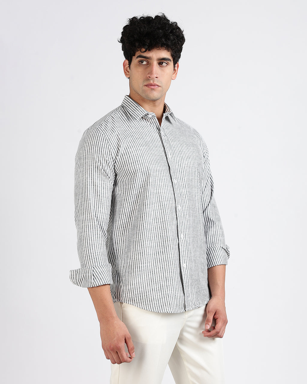 Tailored Fit Striped Linen Shirt - Green