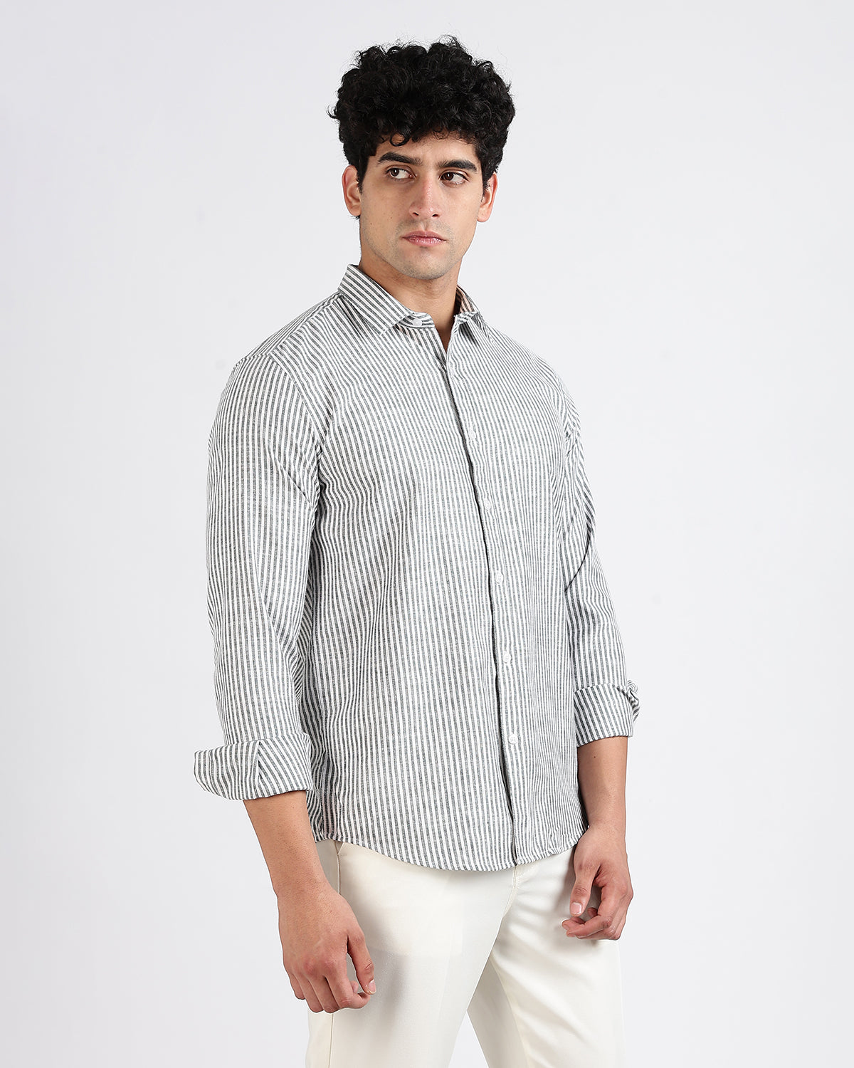 Tailored Fit Striped Linen Shirt - Green