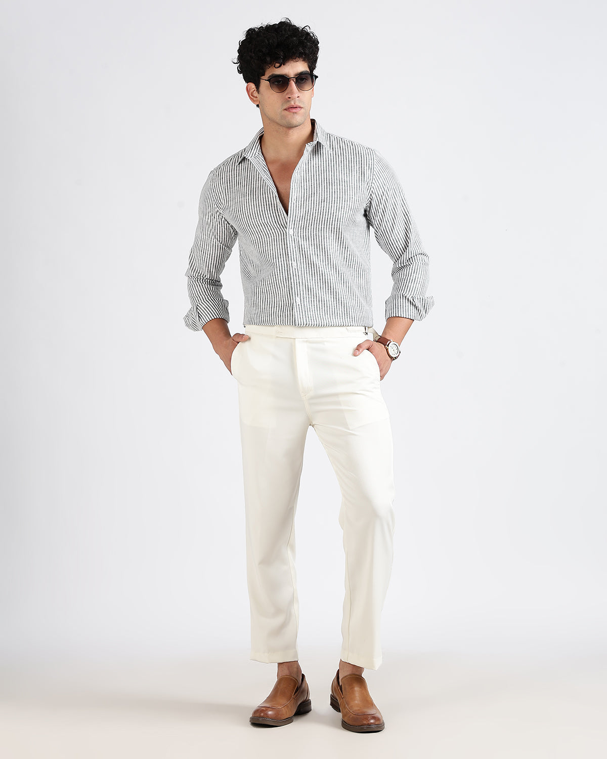 Tailored Fit Striped Linen Shirt - Green