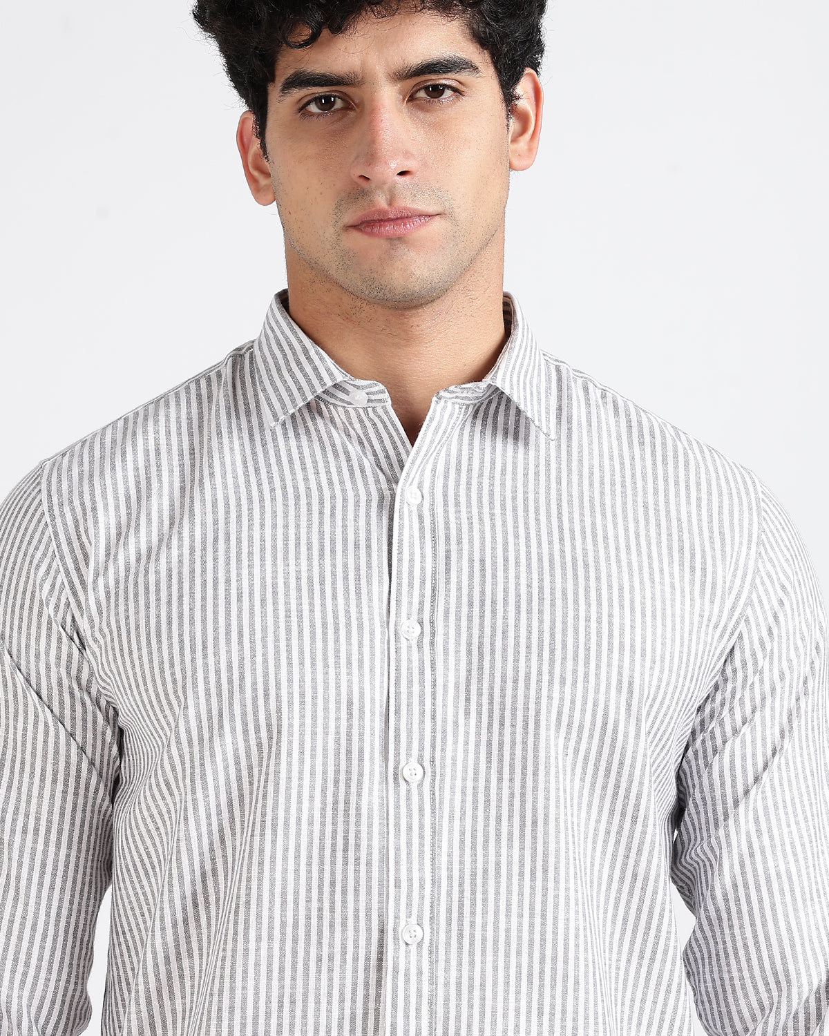 Tailored Fit Striped Linen Shirt - Light grey