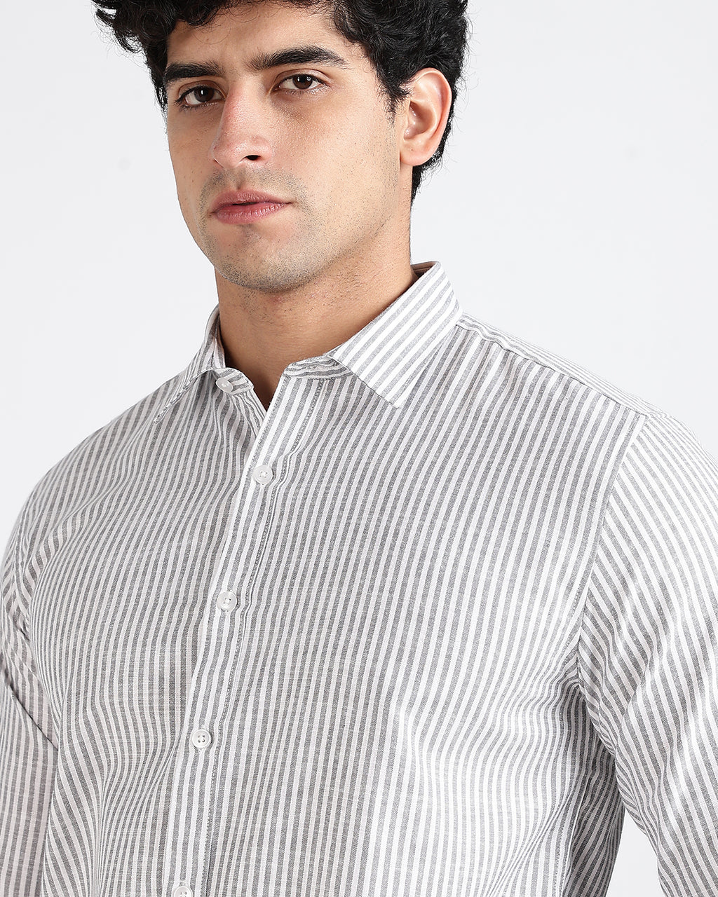 Tailored Fit Striped Linen Shirt - Light grey