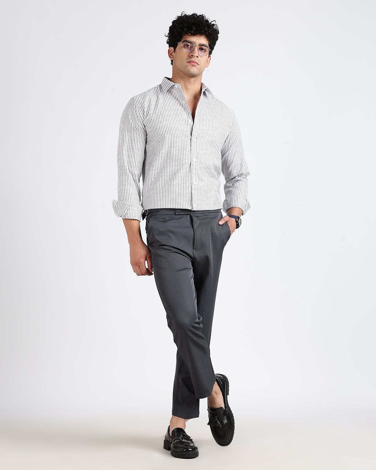 Tailored Fit Striped Linen Shirt - Light grey