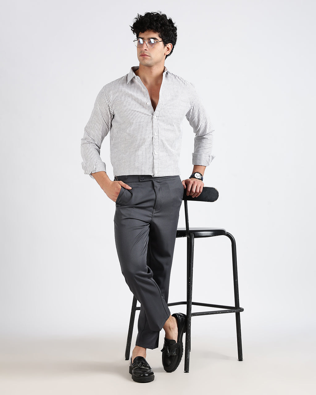 Tailored Fit Striped Linen Shirt - Light grey
