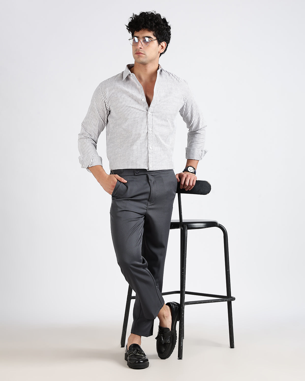 Tailored Fit Striped Linen Shirt - Light grey