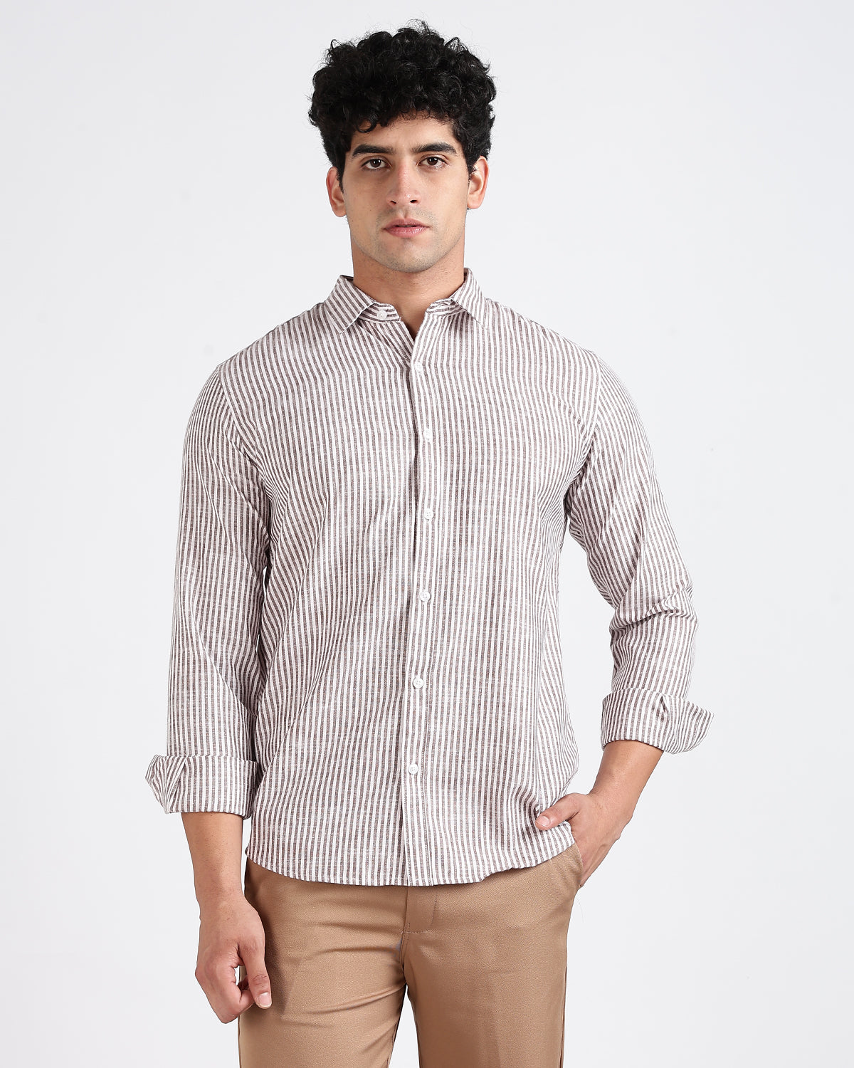 Tailored Fit Striped Linen Shirt - Brown