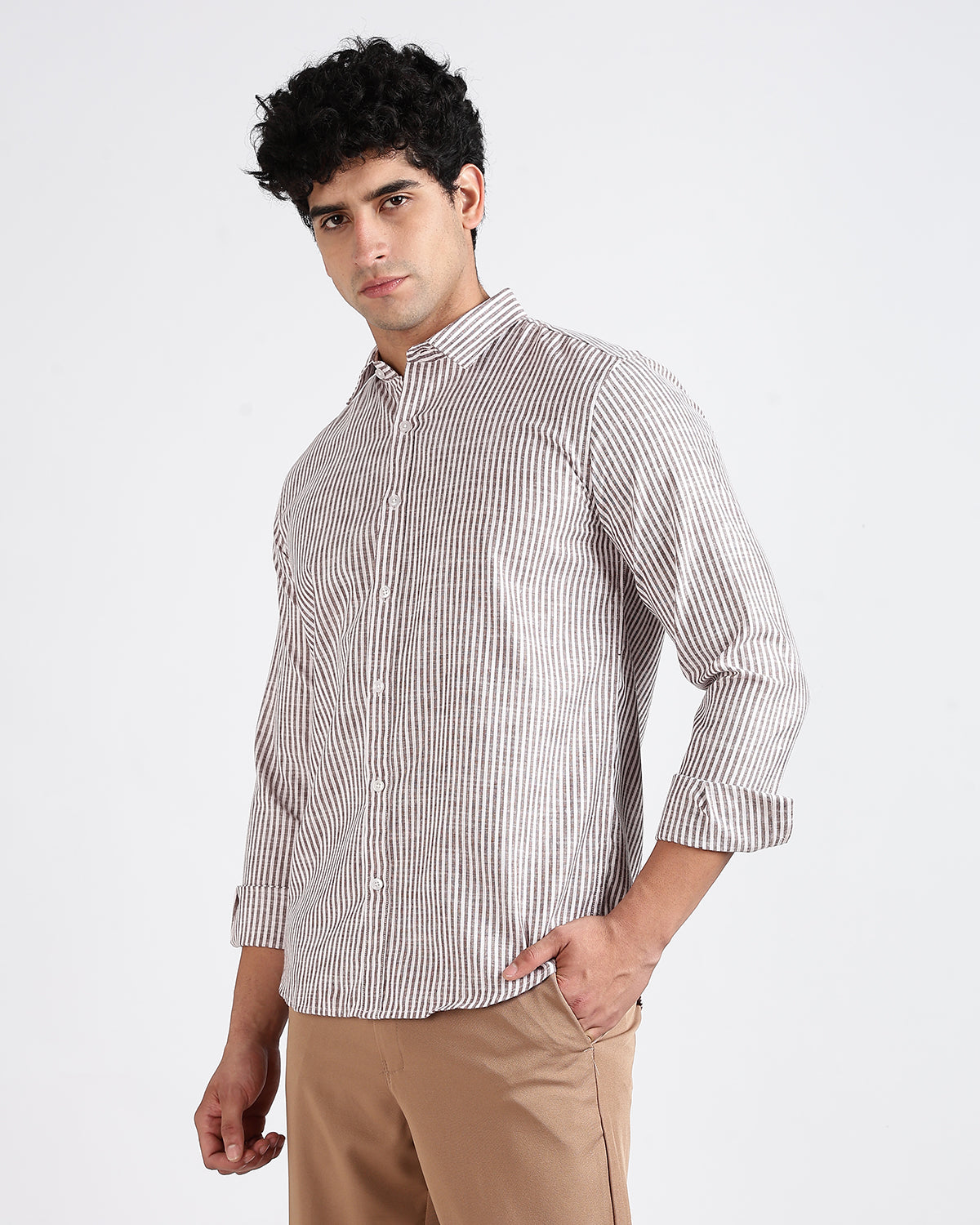 Tailored Fit Striped Linen Shirt - Brown