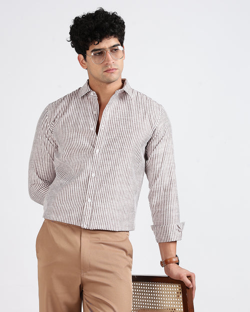 Tailored Fit Striped Linen Shirt - Brown