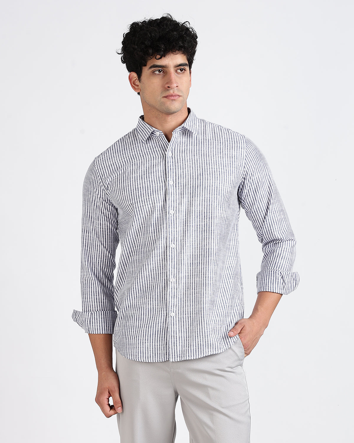 Tailored Fit Striped Linen Shirt - Dark Blue