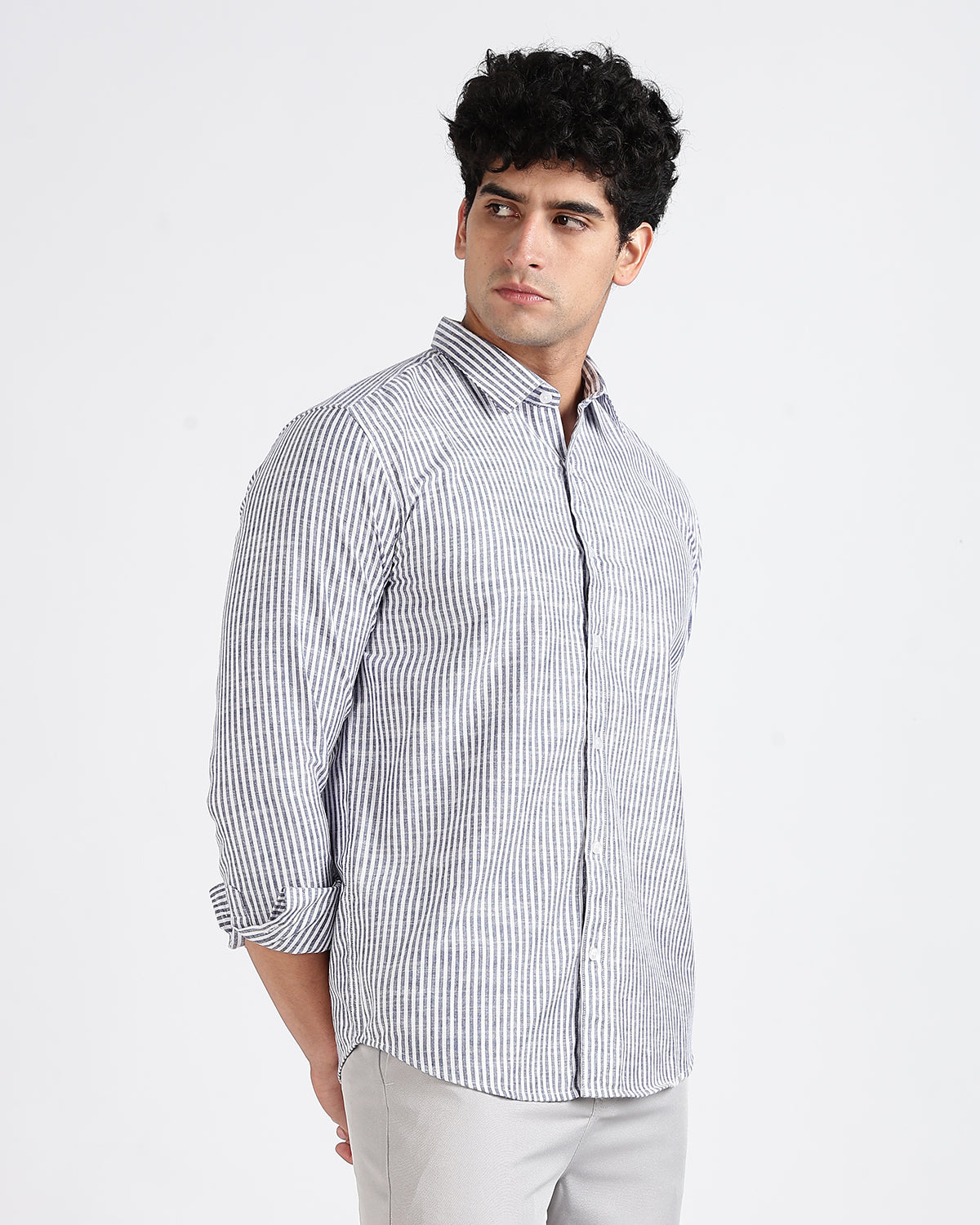 Tailored Fit Striped Linen Shirt - Dark Blue