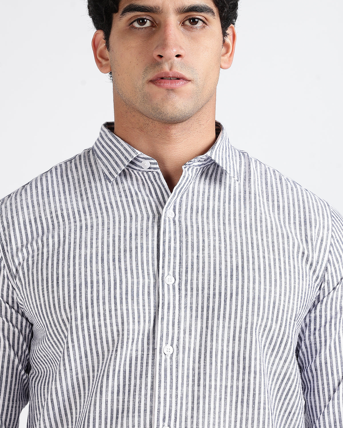Tailored Fit Striped Linen Shirt - Dark Blue