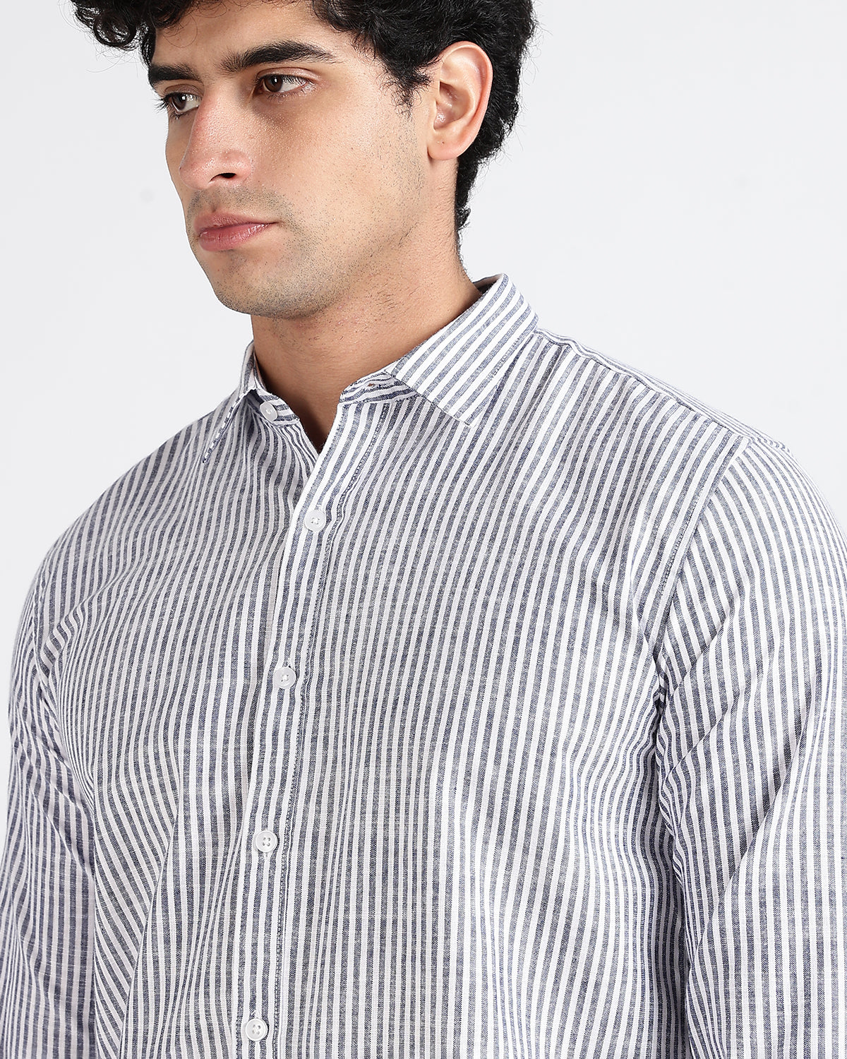 Tailored Fit Striped Linen Shirt - Dark Blue