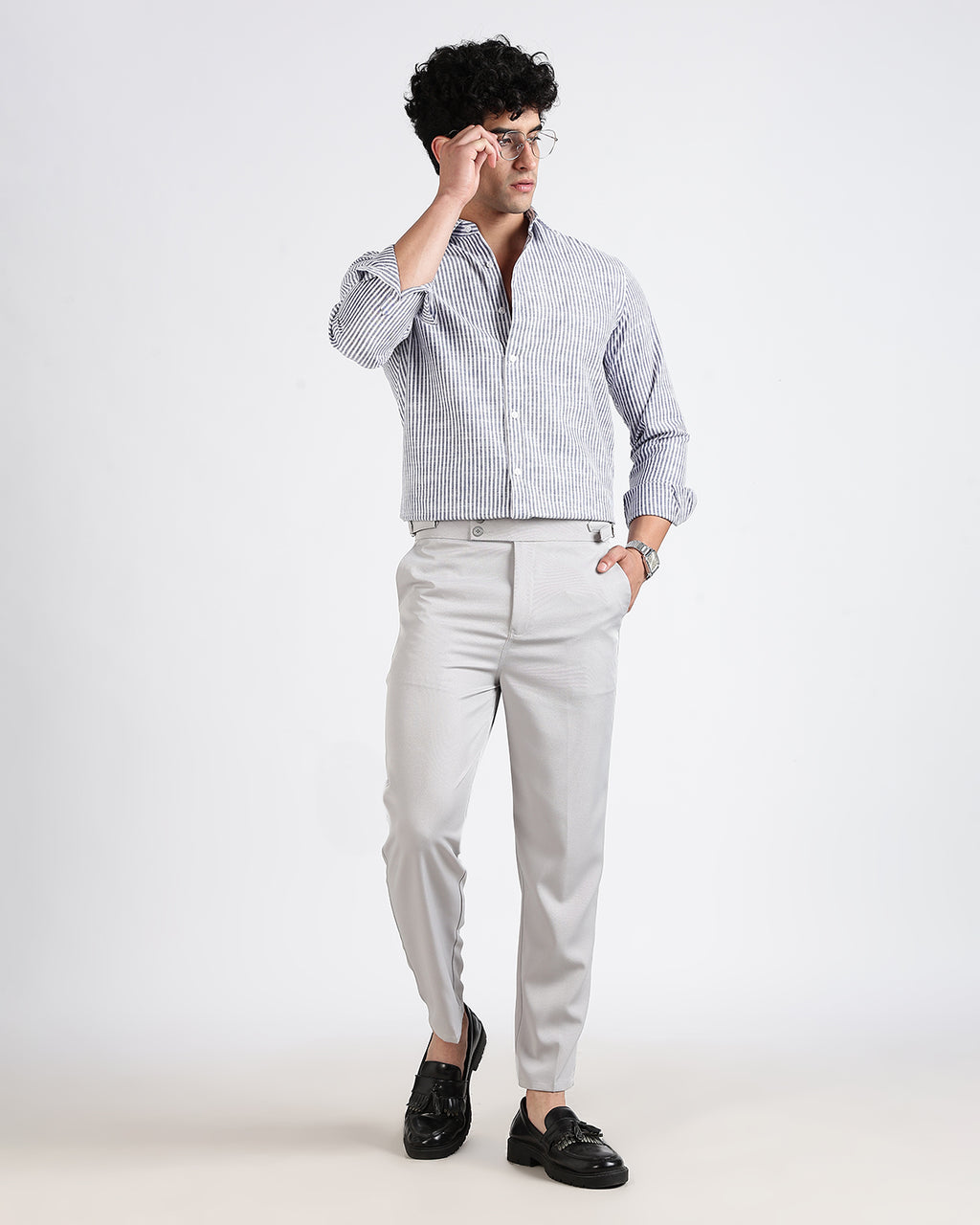 Tailored Fit Striped Linen Shirt - Dark Blue
