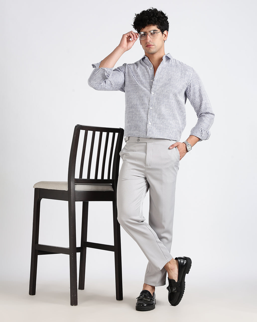 Tailored Fit Striped Linen Shirt - Dark Blue