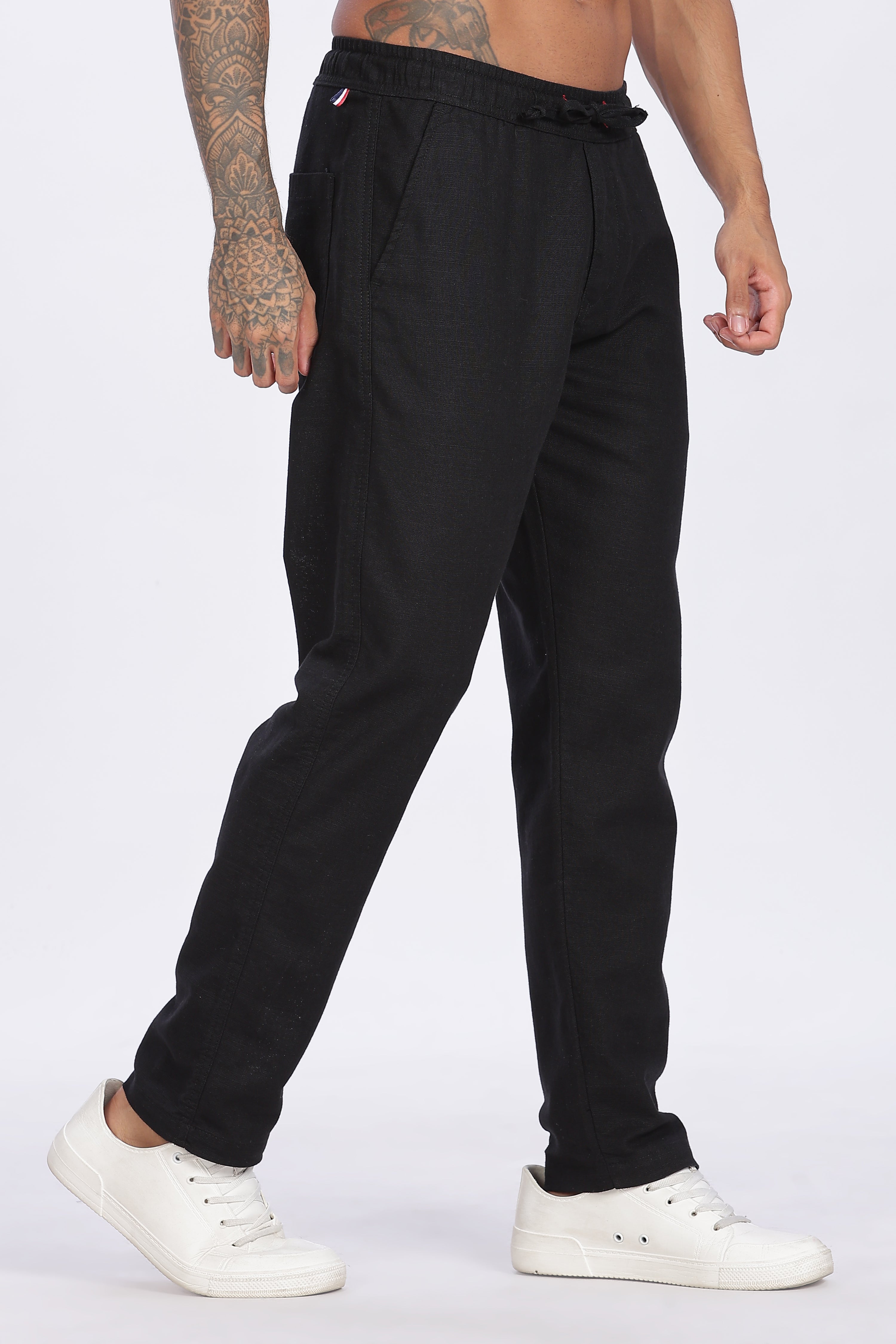Relaxed Fit Linen Pants - Black