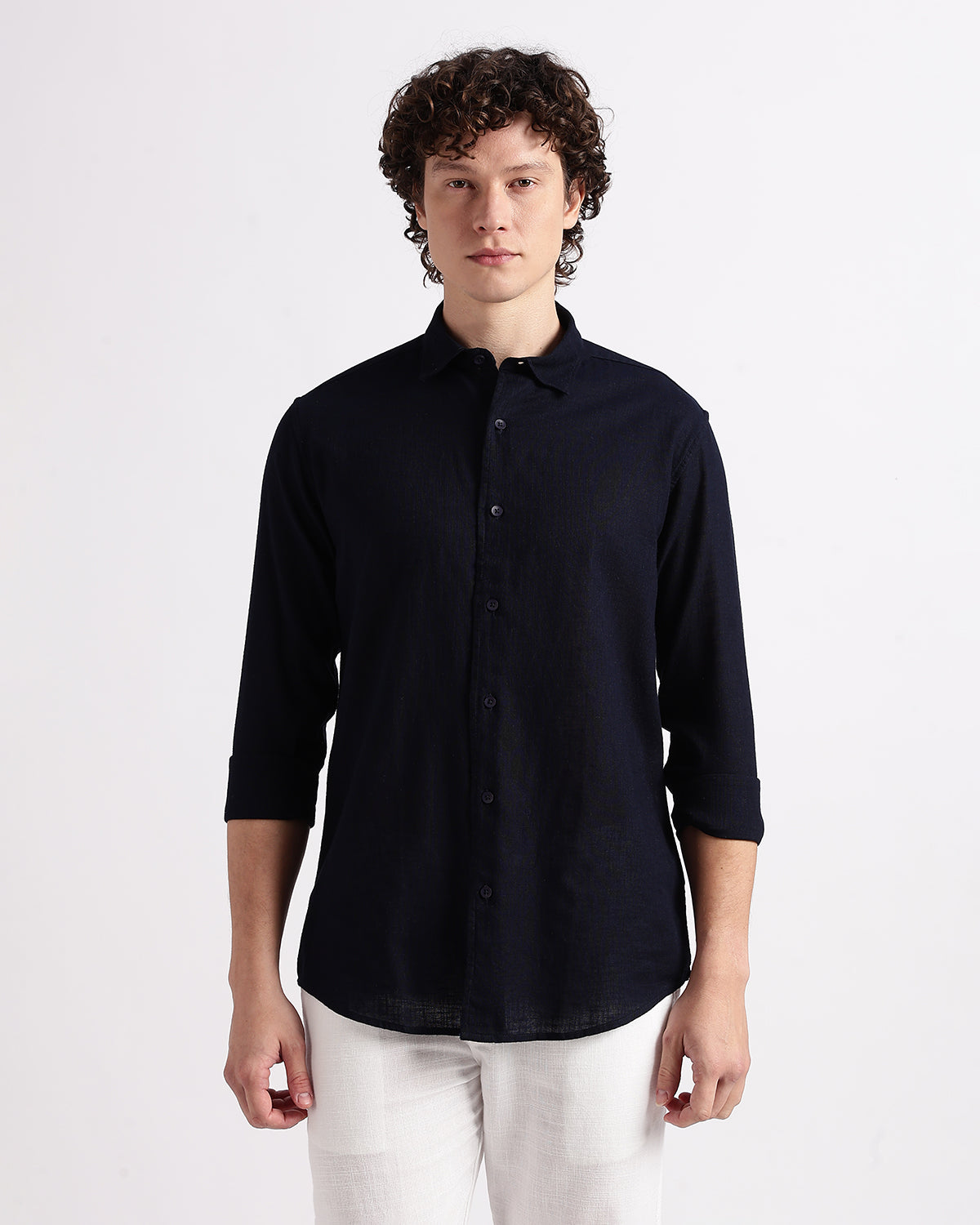 Tailored Fit Linen Shirt - Navy