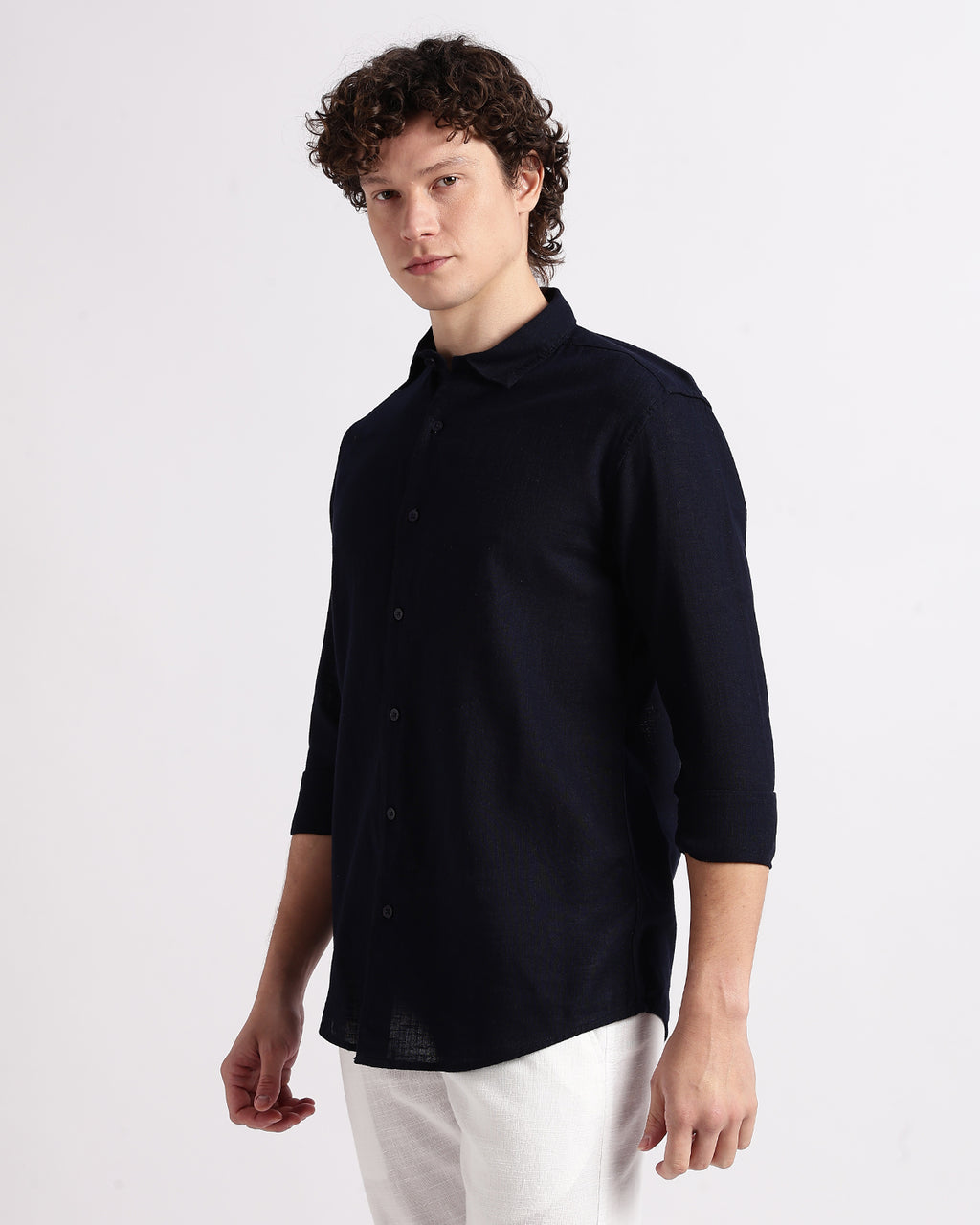 Tailored Fit Linen Shirt - Navy