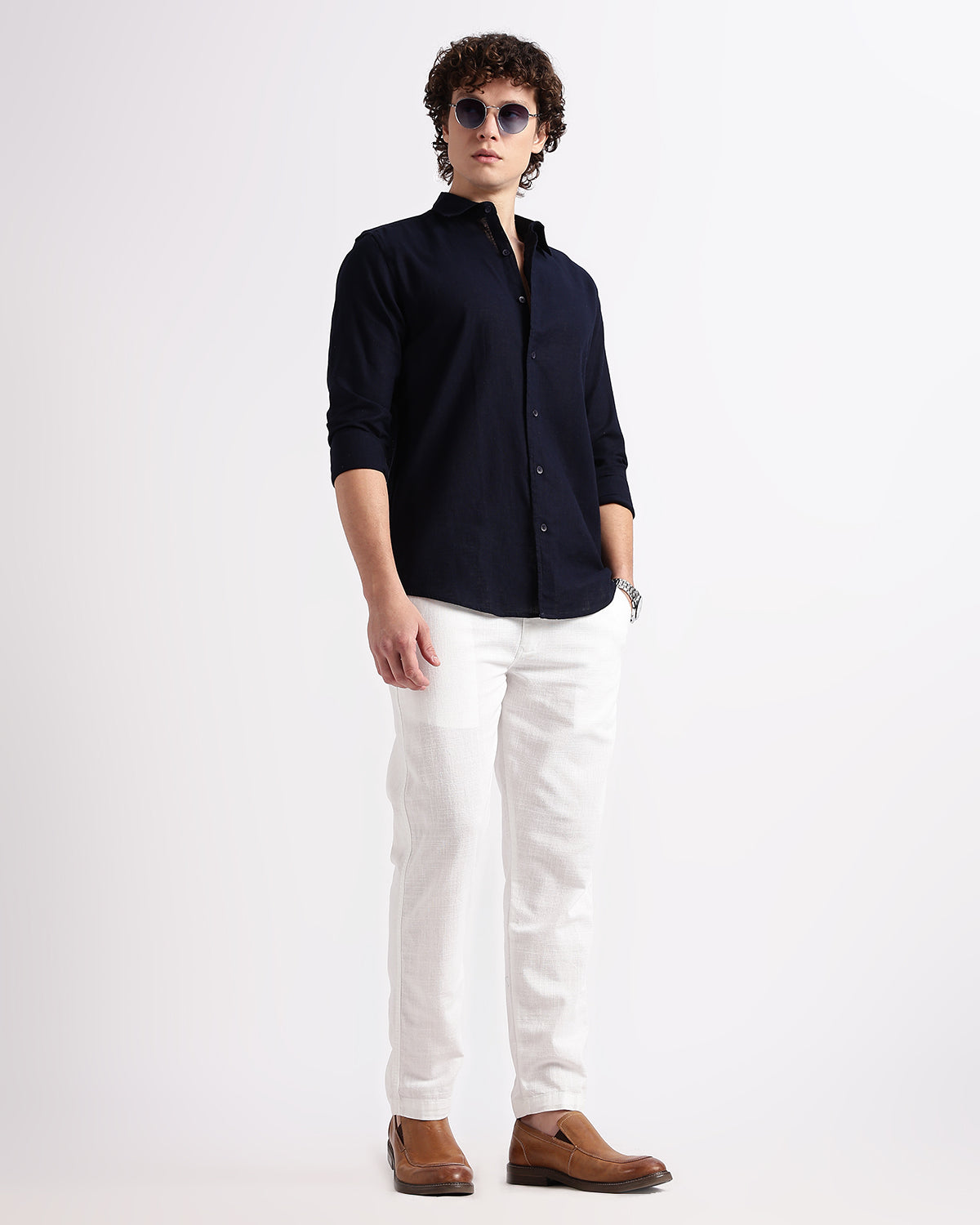 Tailored Fit Linen Shirt - Navy