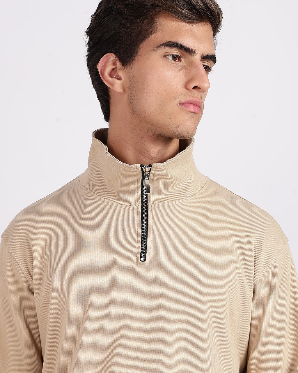 Regular Fit Quarter Zip Sweatshirt - Light Beige