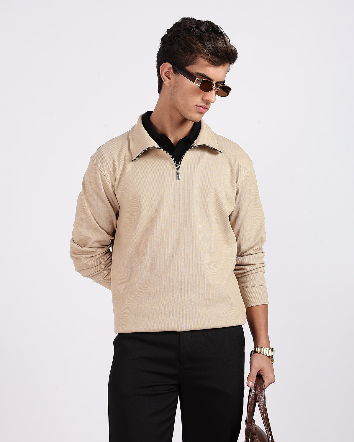 Regular Fit Quarter Zip Sweatshirt - Light Beige