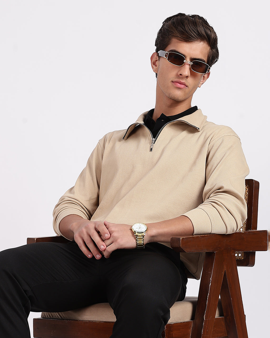 Regular Fit Quarter Zip Sweatshirt - Light Beige