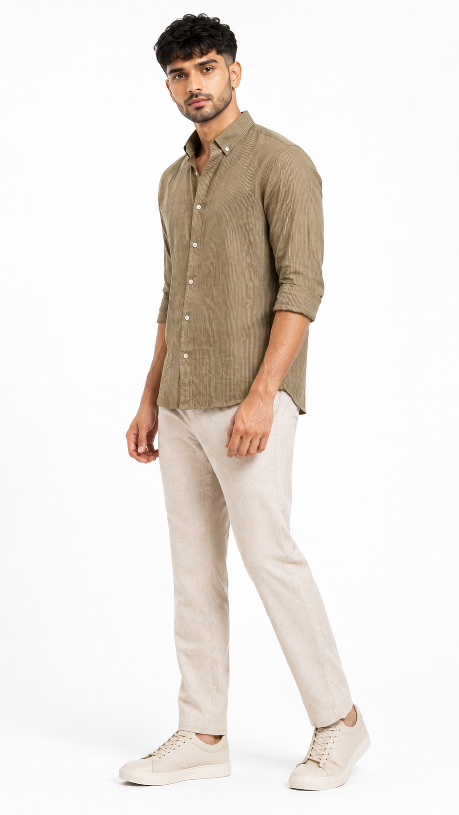 Tailored Dot Striped Linen Shirt - Khaki