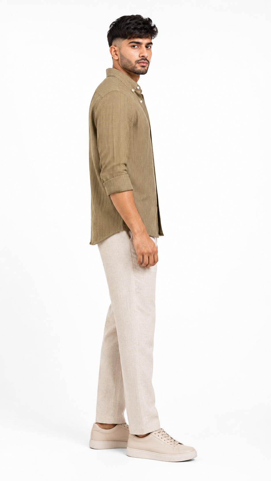 Tailored Dot Striped Linen Shirt - Khaki