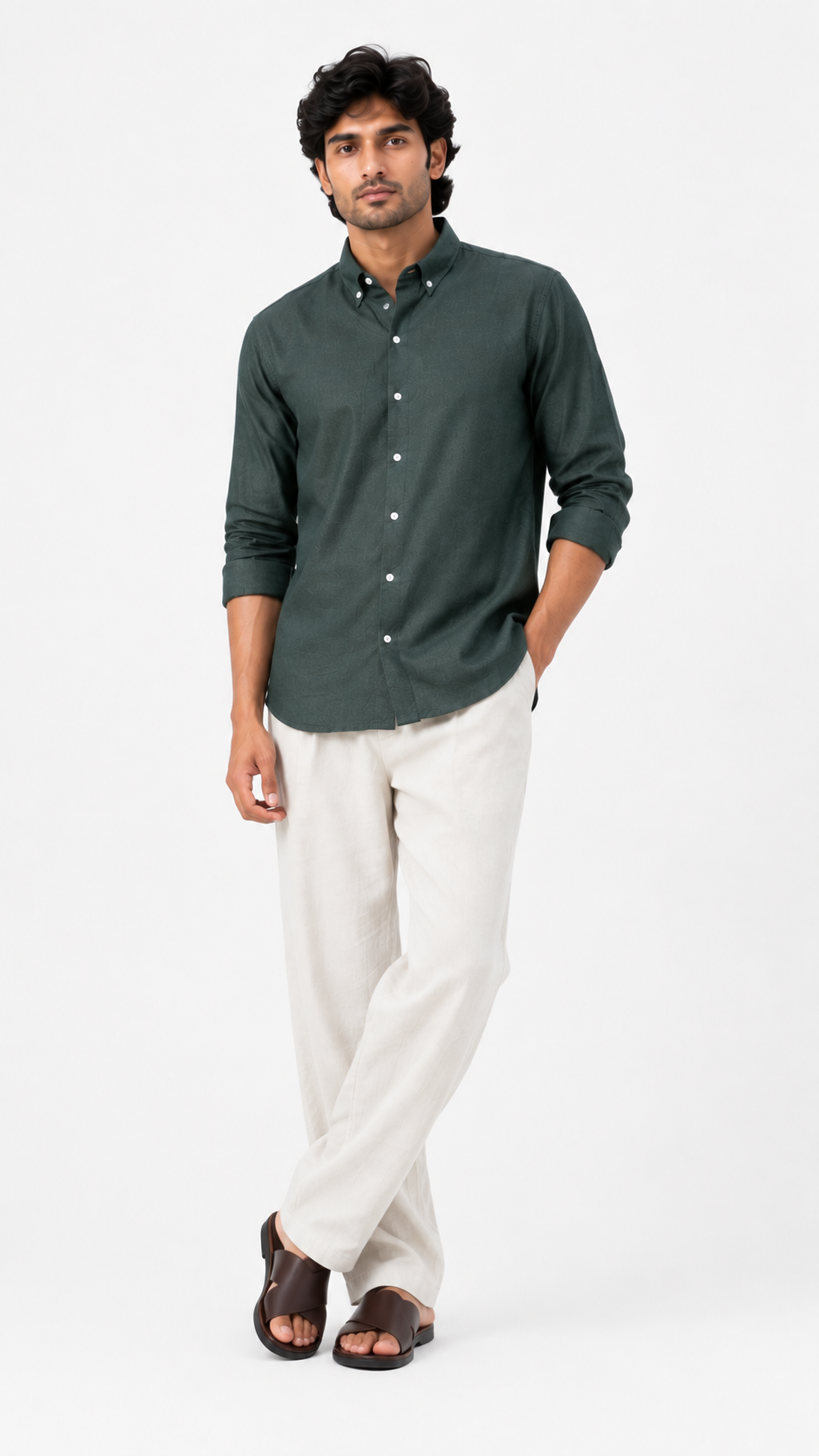 Tailored Fit Linen Shirt - Dark Green