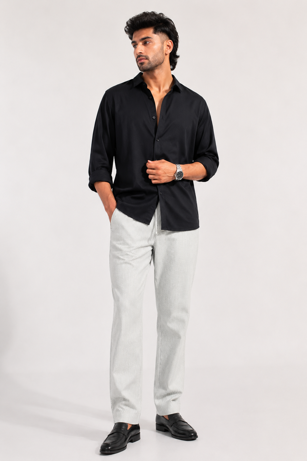 Relaxed Fit Linen Stripe Pants - Light Grey