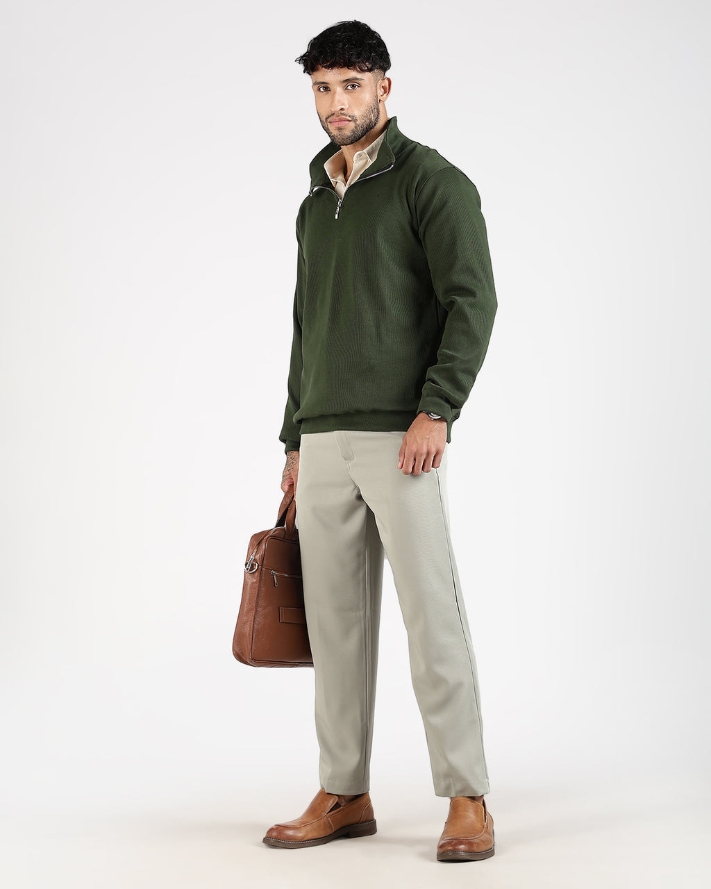 Regular Fit Quarter Zip Sweatshirt - Green