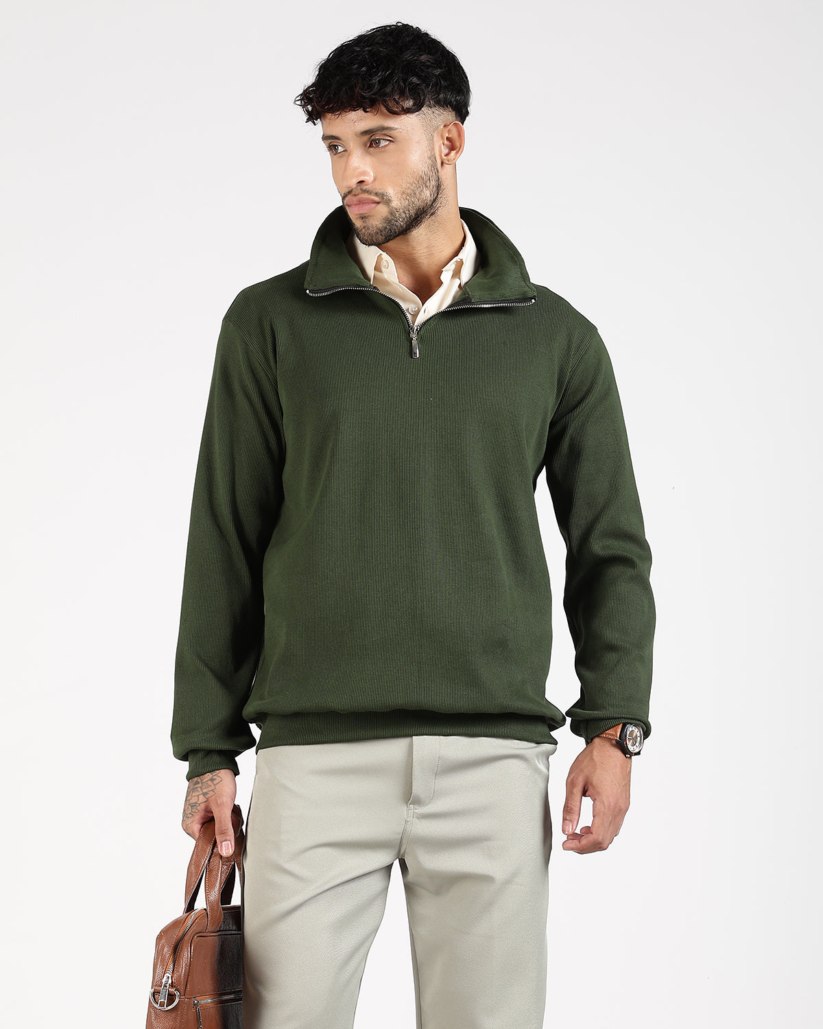 Regular Fit Quarter Zip Sweatshirt - Green