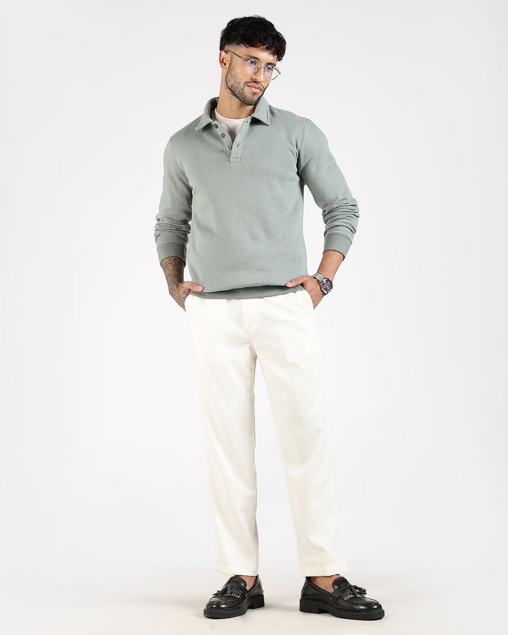 Relaxed Fit Buttoned Sweatshirt - Green