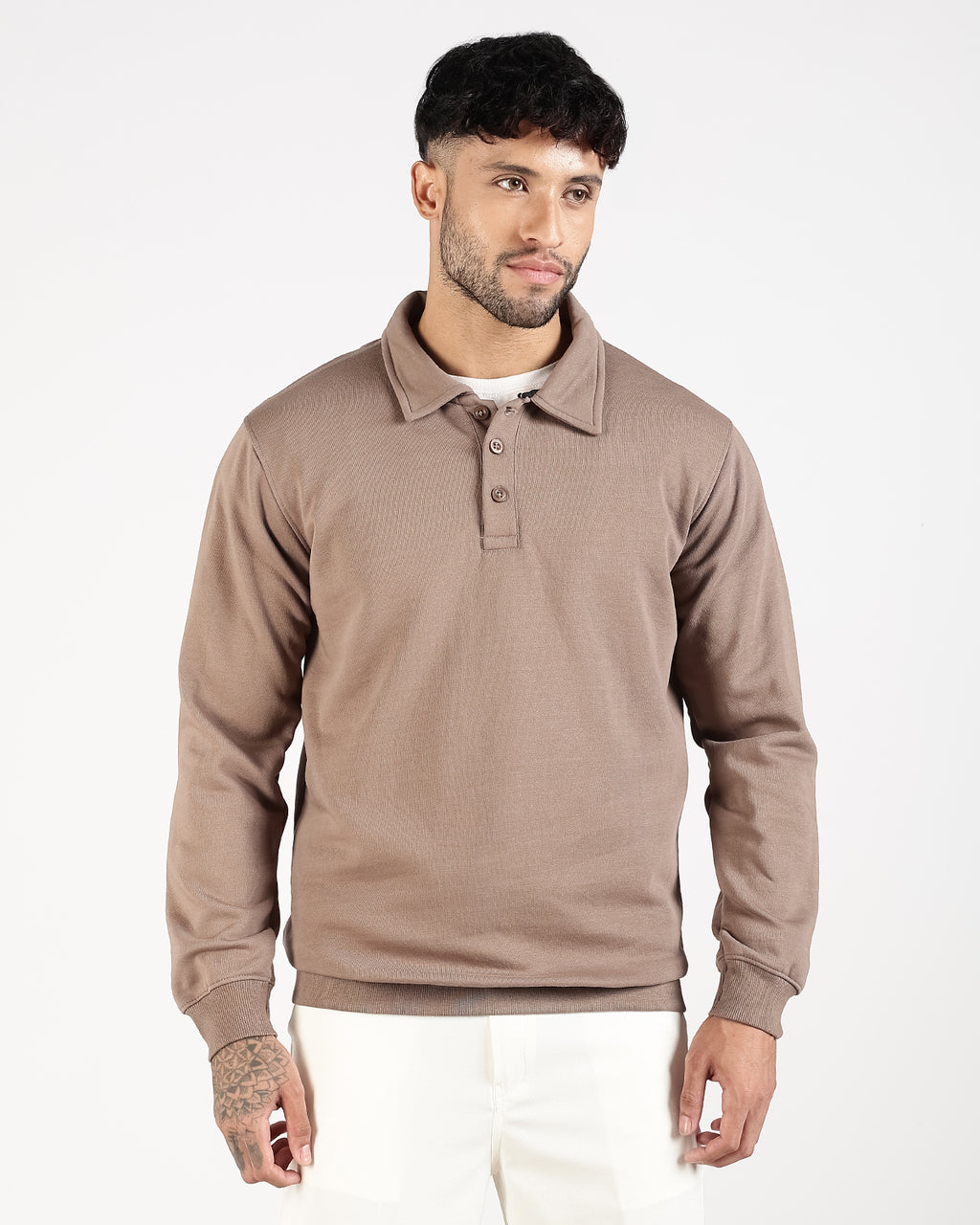 Relaxed Fit Buttoned Sweatshirt - Taupe
