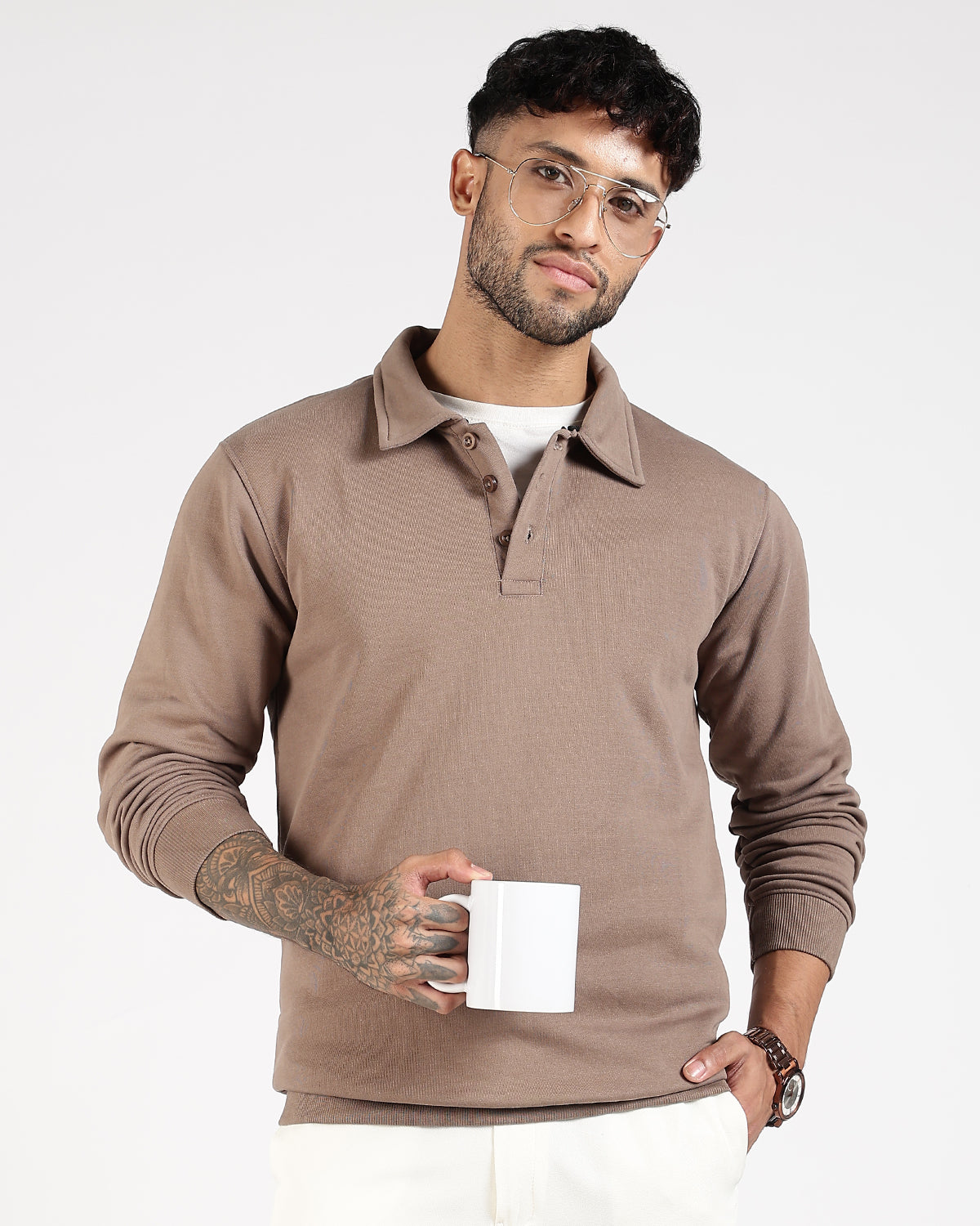Relaxed Fit Buttoned Sweatshirt - Taupe