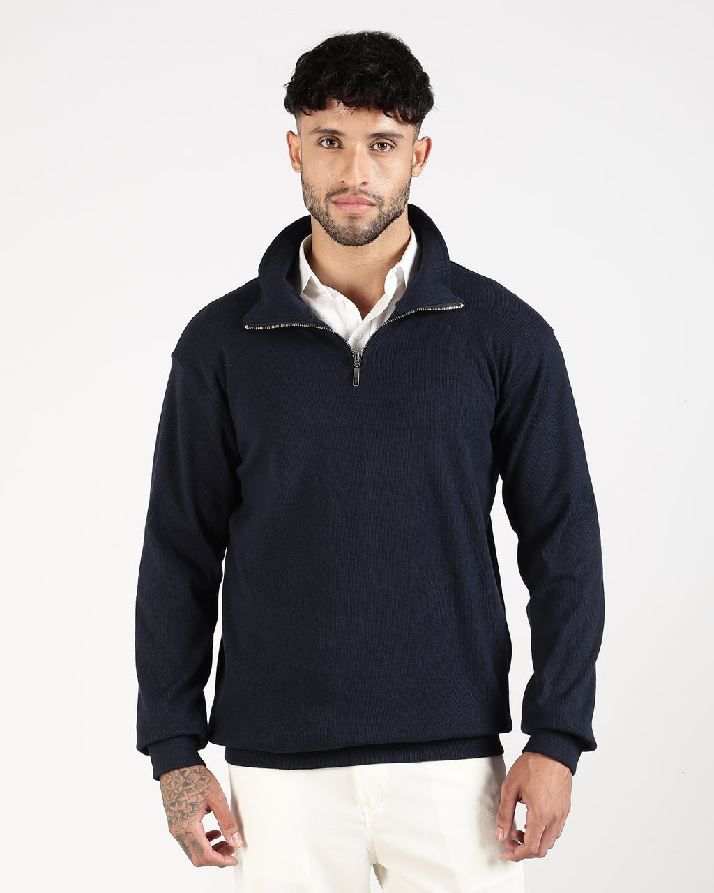 Regular Fit Quarter Zip Sweatshirt - Navy Blue