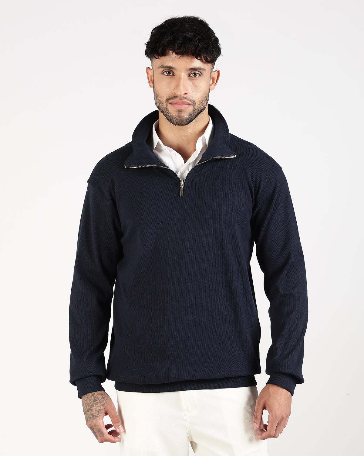 Regular Fit Quarter Zip Sweatshirt - Navy Blue