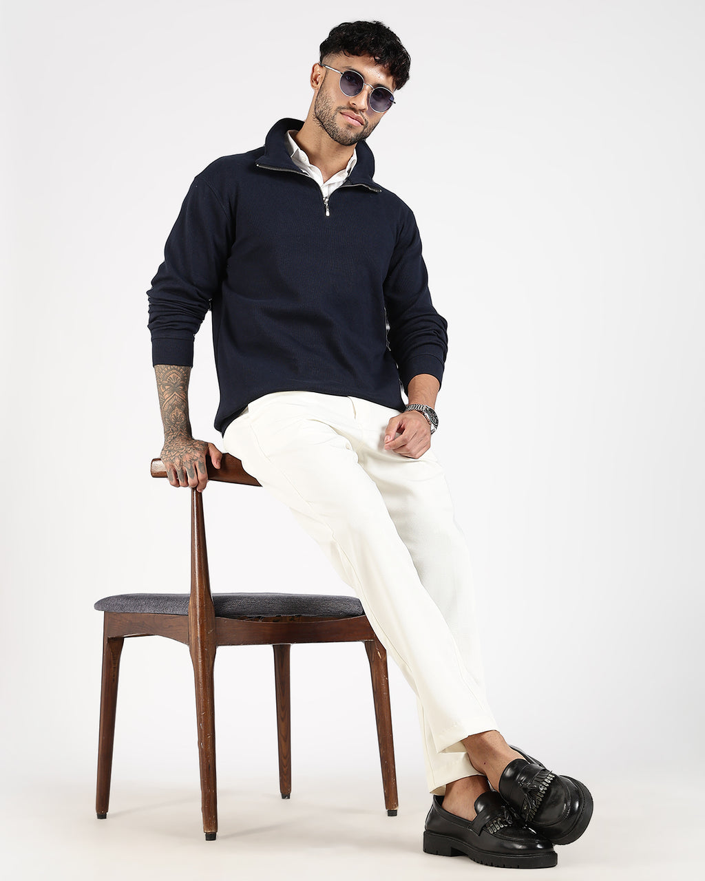Regular Fit Quarter Zip Sweatshirt - Navy Blue
