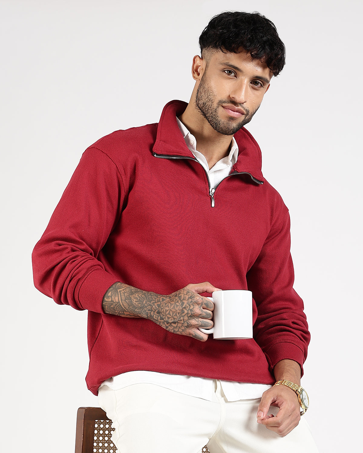 Regular Fit Quarter Zip Sweatshirt - Red