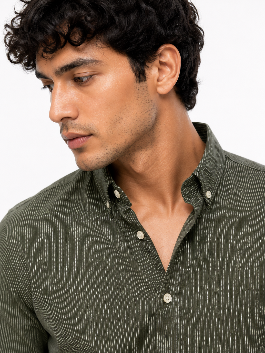 Tailored Dot Striped Linen Shirt - Green