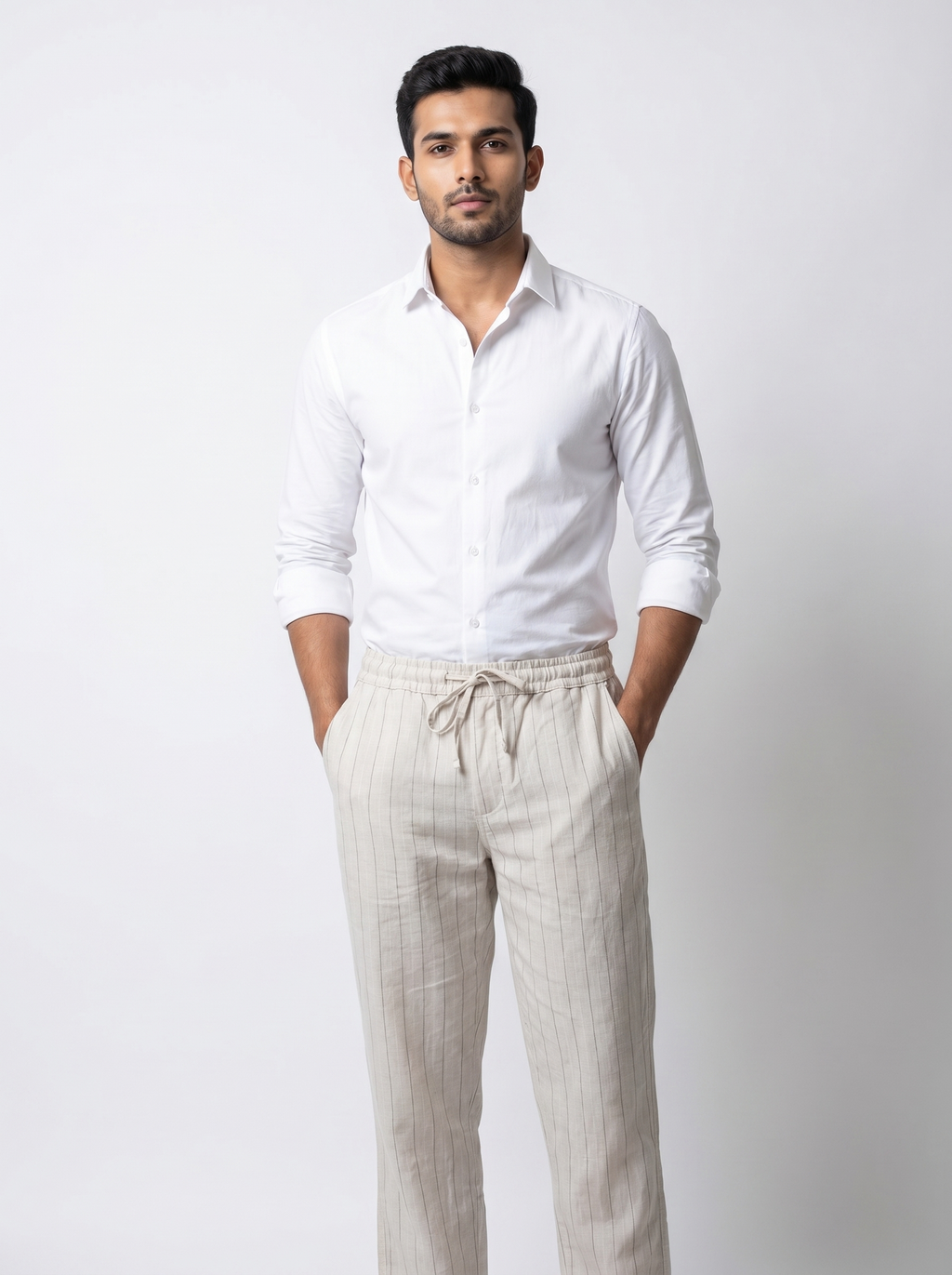 Relaxed Fit Linen Stripe Pants - Natural