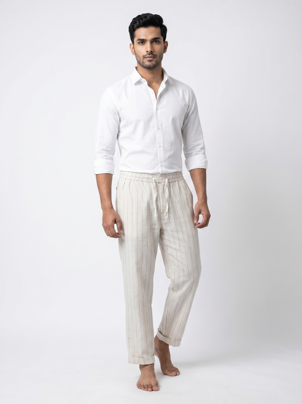 Relaxed Fit Linen Stripe Pants - Natural