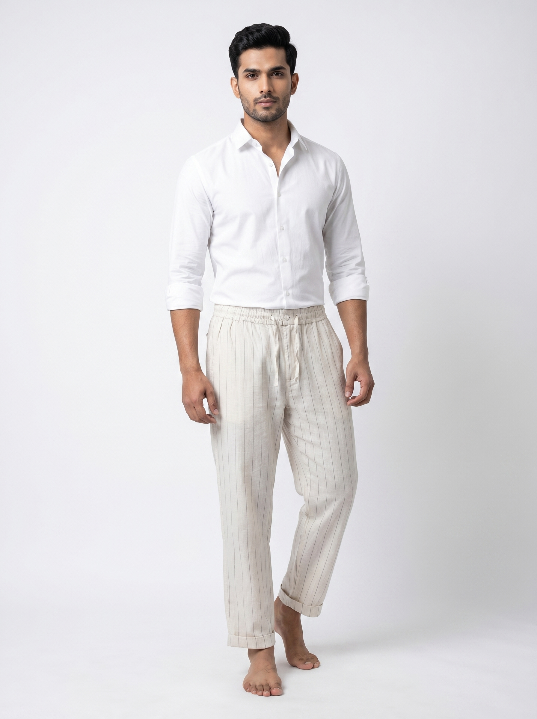 Relaxed Fit Linen Stripe Pants - Natural
